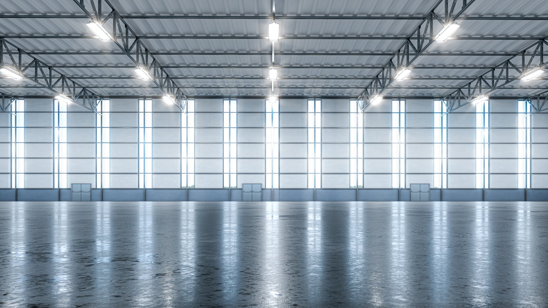 Interior of an empty illuminated warehouse. 3d illustration