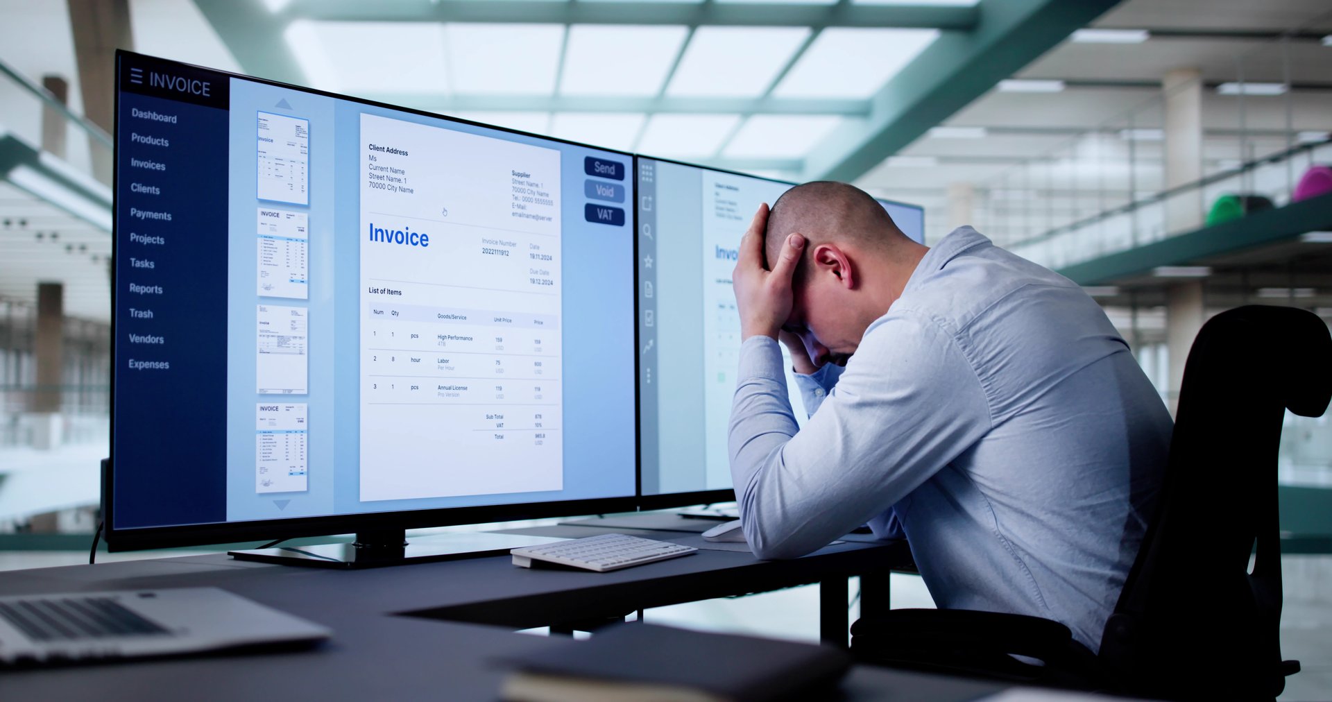 Sad Frustrated Accountant Man With Invoice Workload