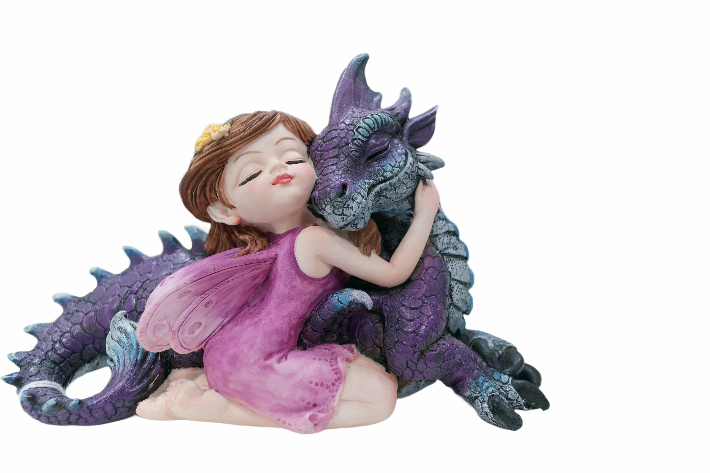 A fairy girl with wings hugging a purple dragon