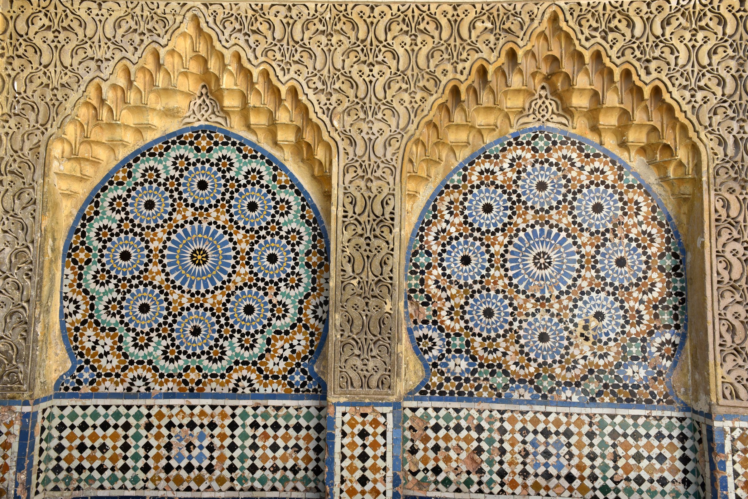 Traditional ornate and colorful arabesque carvings, mosaic tiles, zellige, medina of Tangier, Morocco