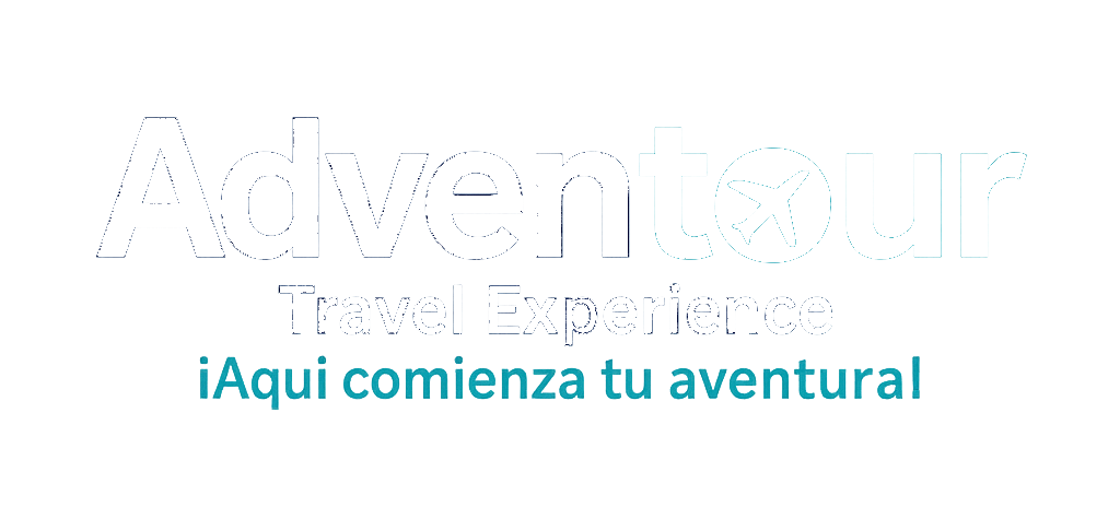 Logo of Adventour with a travel theme, featuring an airplane icon and the text Travel Experience Aquí comienza tu aventura.