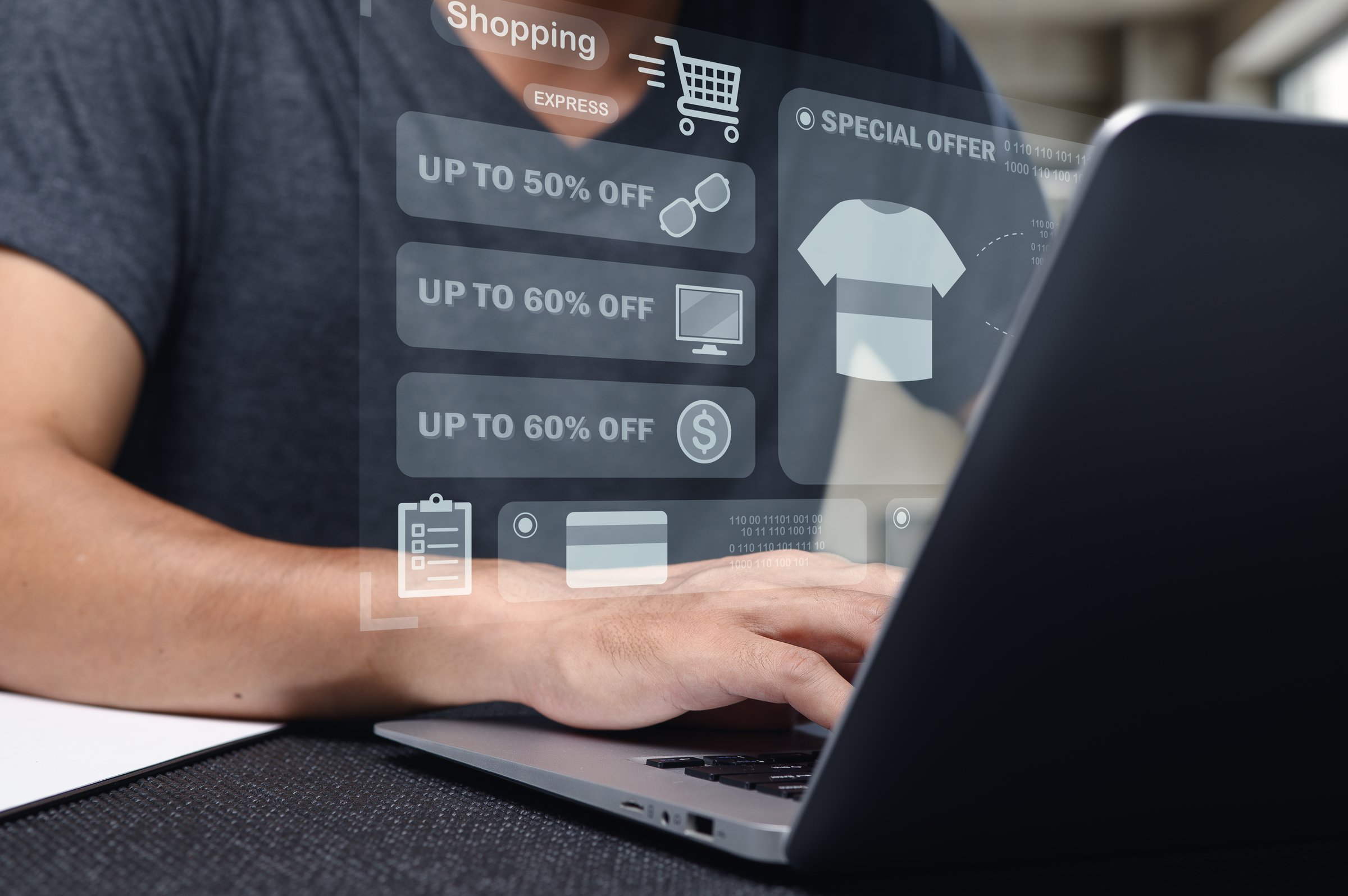 A person engages in online shopping on a laptop, showcasing digital discounts and special offers. The modern interface highlights various promotional items.