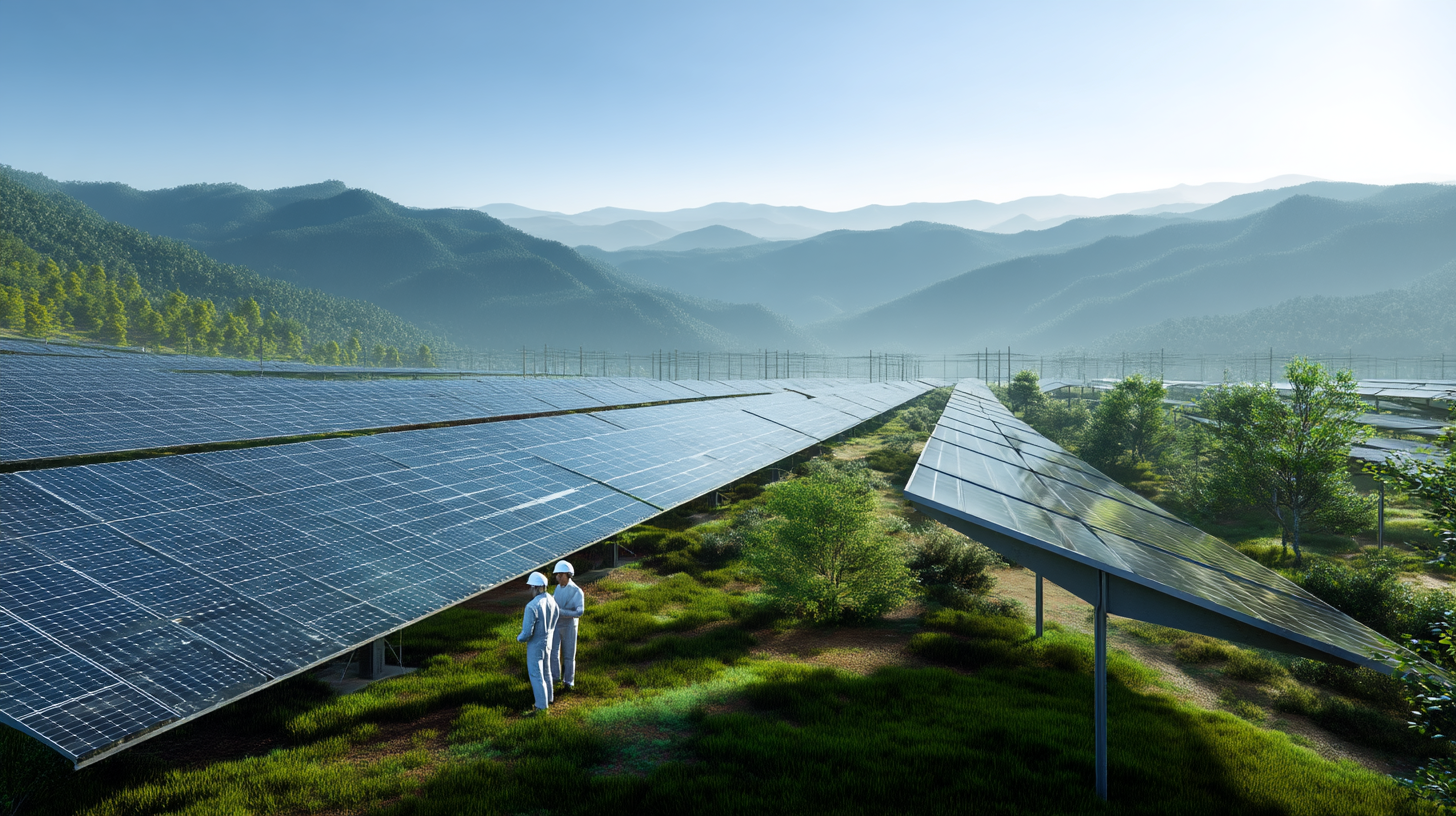 Two people examine solar panels in a large solar farm set in a lush mountain landscape under a clear blue sky.