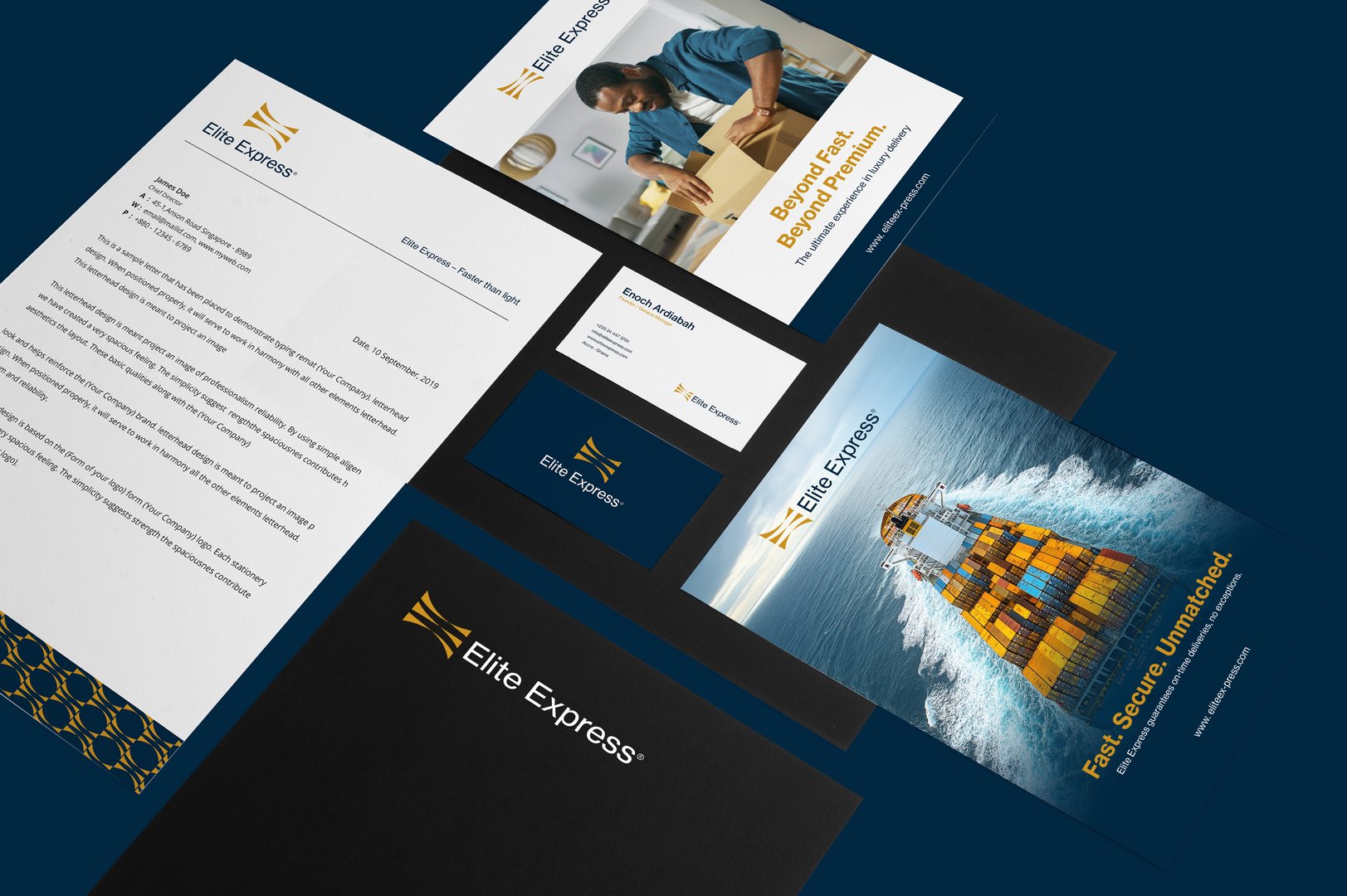 Corporate branding materials for Elite Express, including letterhead, brochure, business cards, and a ship-themed poster.