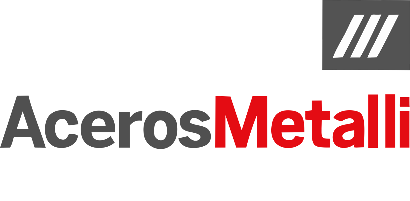 Logo of Aceros Metalli featuring bold black and red text with a gray square and three diagonal white lines.