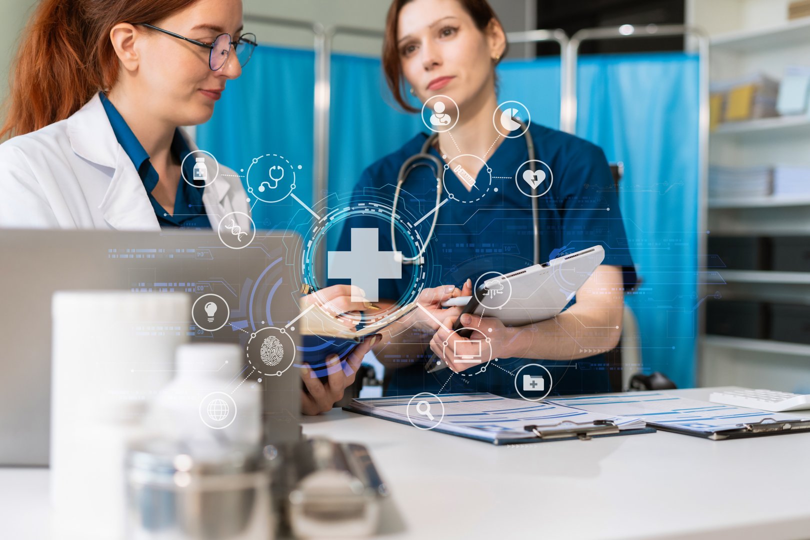 Medical team working on digital tablet healthcare doctor technology tablet using computer analyzed the results of medical reports.