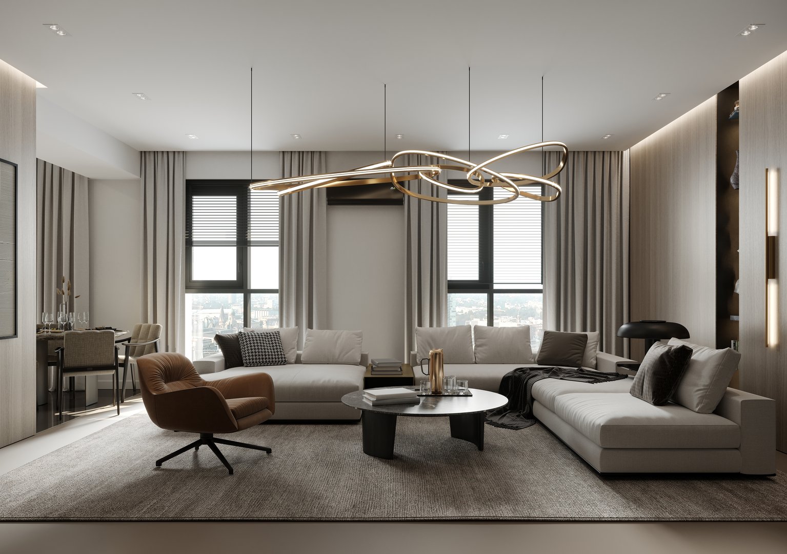 Modern living room with elegant design featuring a large sectional sofa, chic armchair, and a contemporary coffee table. the space is illuminated by a unique pendant light, framed by large windows with drapes.