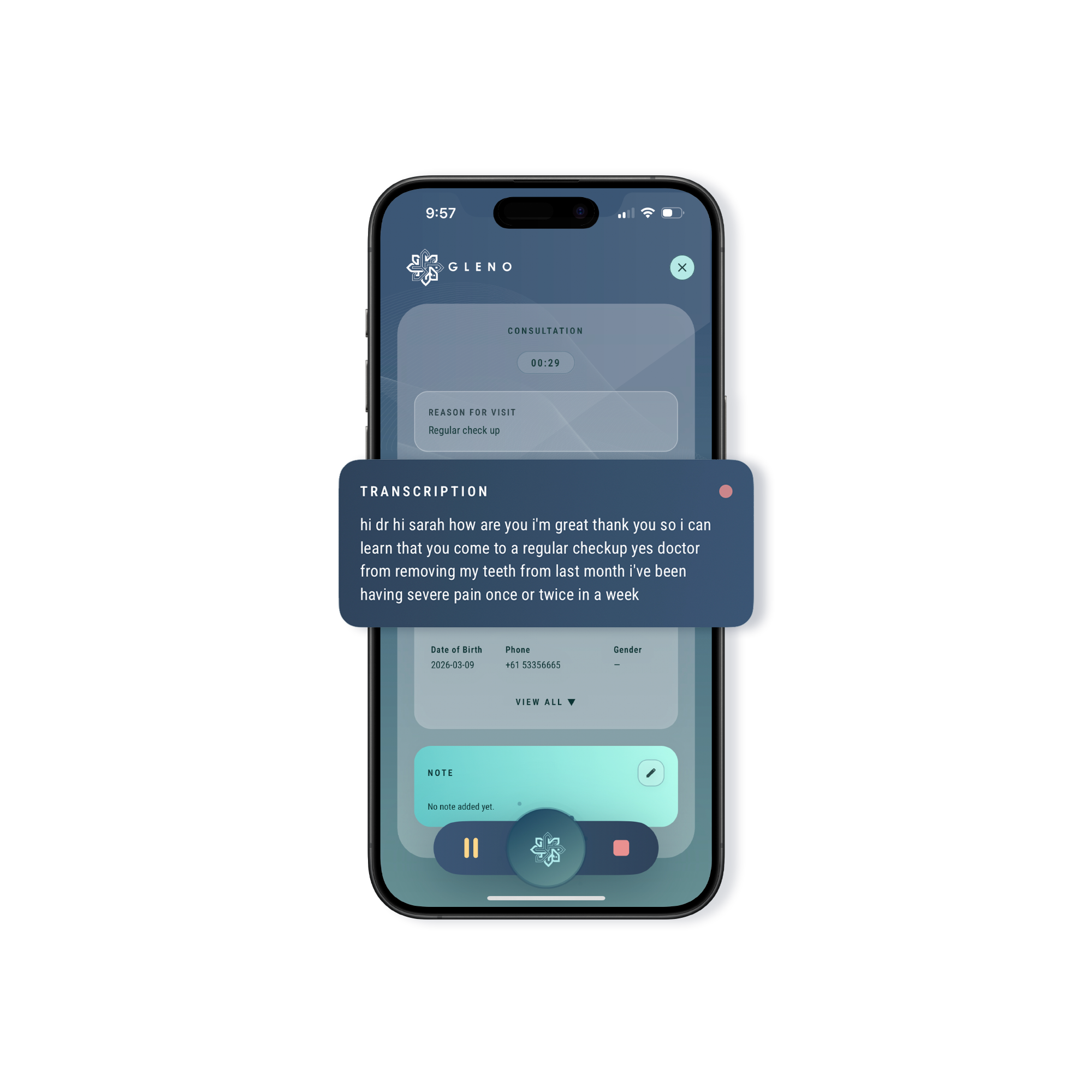 Gleno app on phone showing dental documentation interface