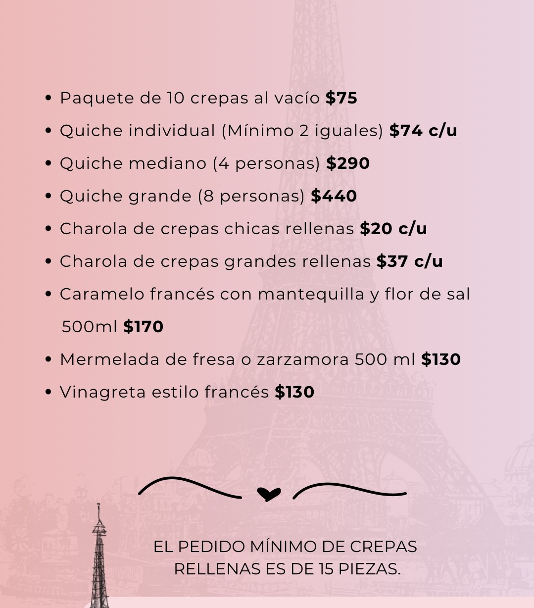 Menu with prices for crepes, quiches, caramel, marmalade, and vinaigrette, plus a 15-item minimum order note.