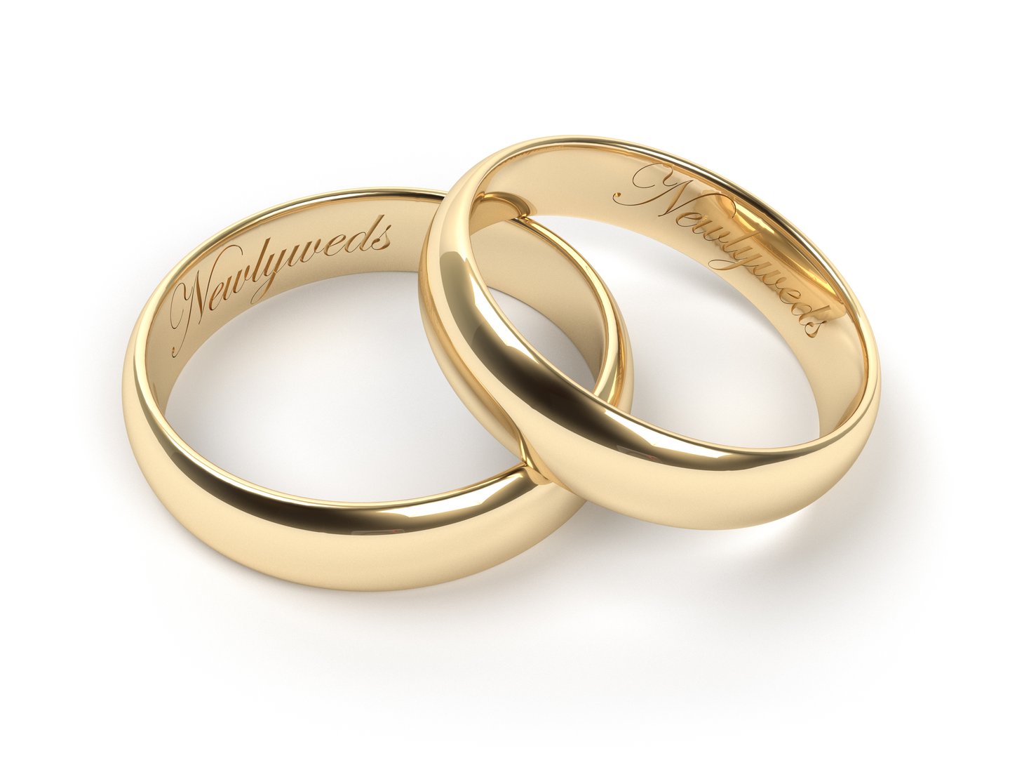Gold wedding rings with custom laser engraved text Newlyweds