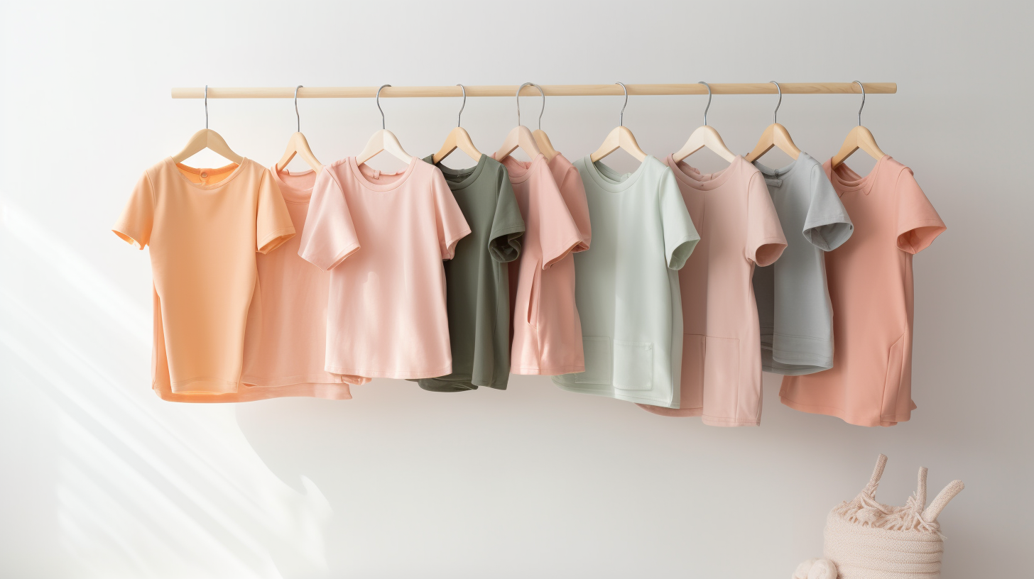 Pastel-colored t-shirts on hangers displayed on a wooden rod against a light wall, with sunlight casting subtle shadows.