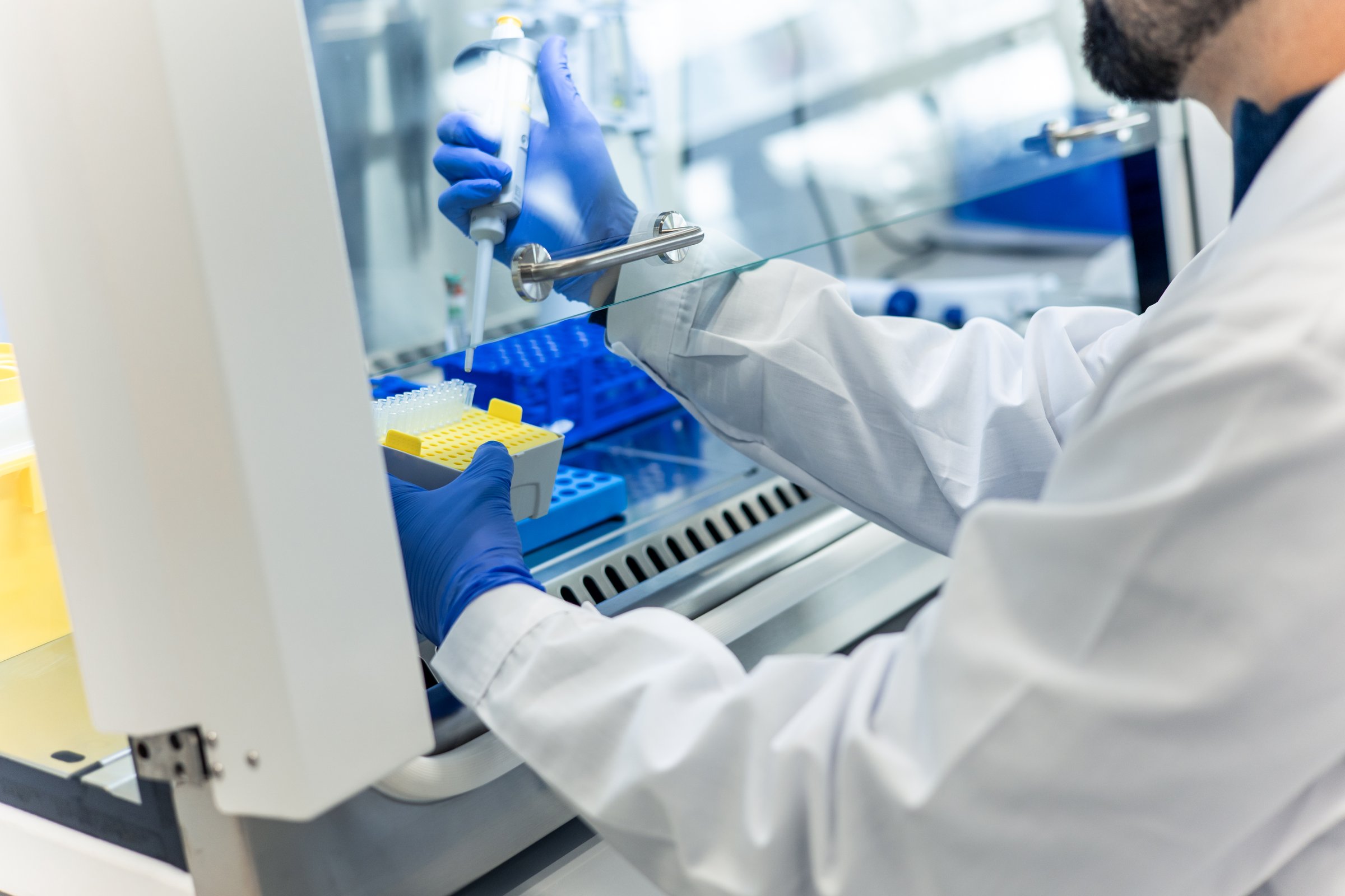 Scientist wearing a lab coat and gloves is carefully pipetting liquid into a microtube rack inside a laminar flow hood, conducting research in a modern laboratory setting