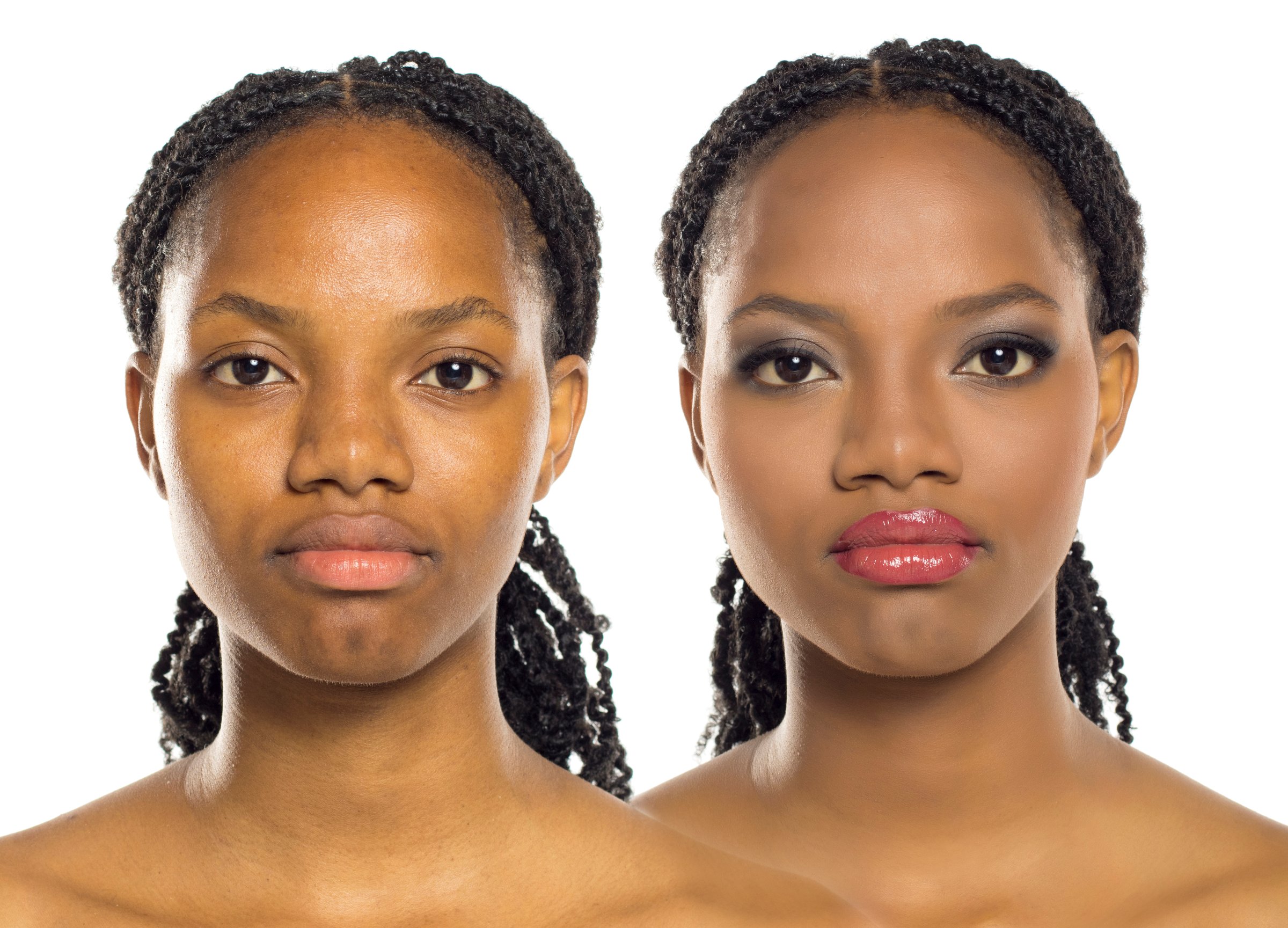 Studio shot showing comparison of same black woman before and after makeup on white background