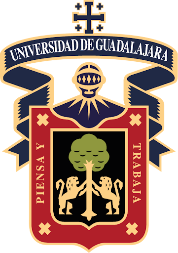 Emblem of Universidad de Guadalajara featuring a shield with two lions, a tree, and the motto "Piensa Y Trabaja."