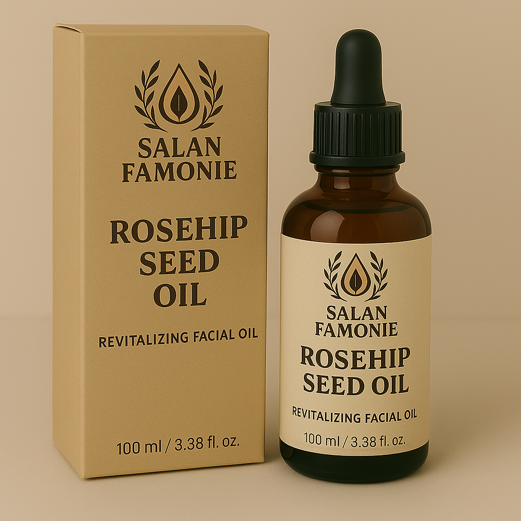 A bottle of Salan Famonie Rosehip Oil