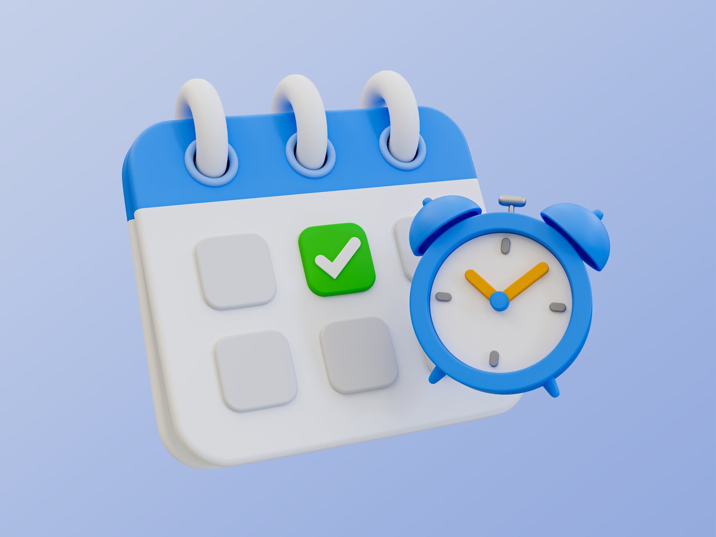 3D illustration of a blue and white calendar with a matching alarm clock, representing scheduling, deadlines, or time management.