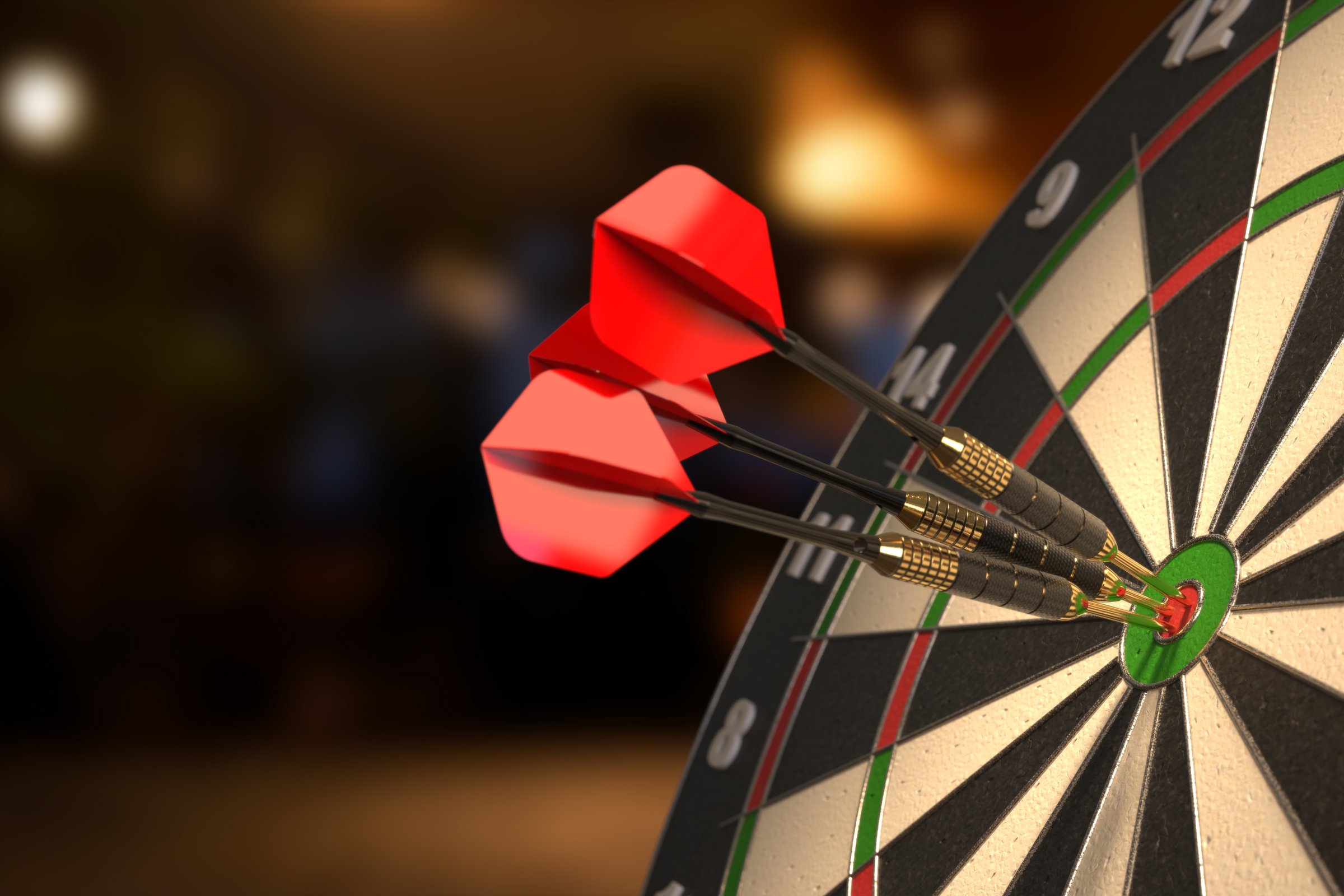 Dartboard with three darts in the bullseyes. 3D illustration