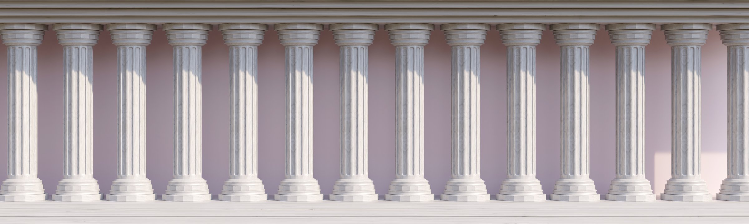Classical building facade with stone columns in a row, marble pillars colonnade, Ancient Greek architecture. 3d render