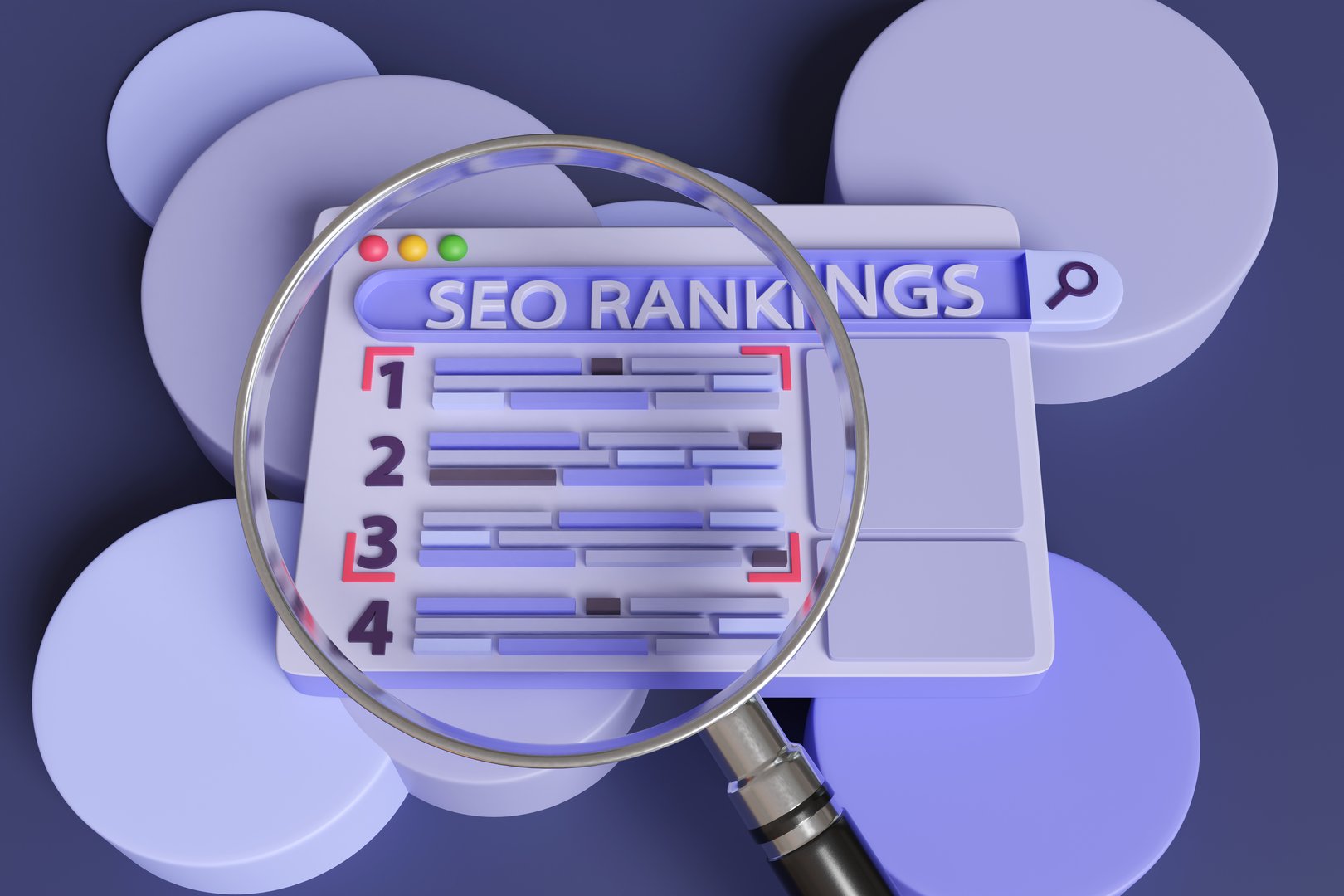 Magnifying glass enlarging a cartoon computer application window showing a web page of SEO rankings. Illustration of the concept of search engine optimization