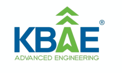 Logo with "KBAE Advanced Engineering," featuring blue and green letters and arrows, with a registered trademark symbol.