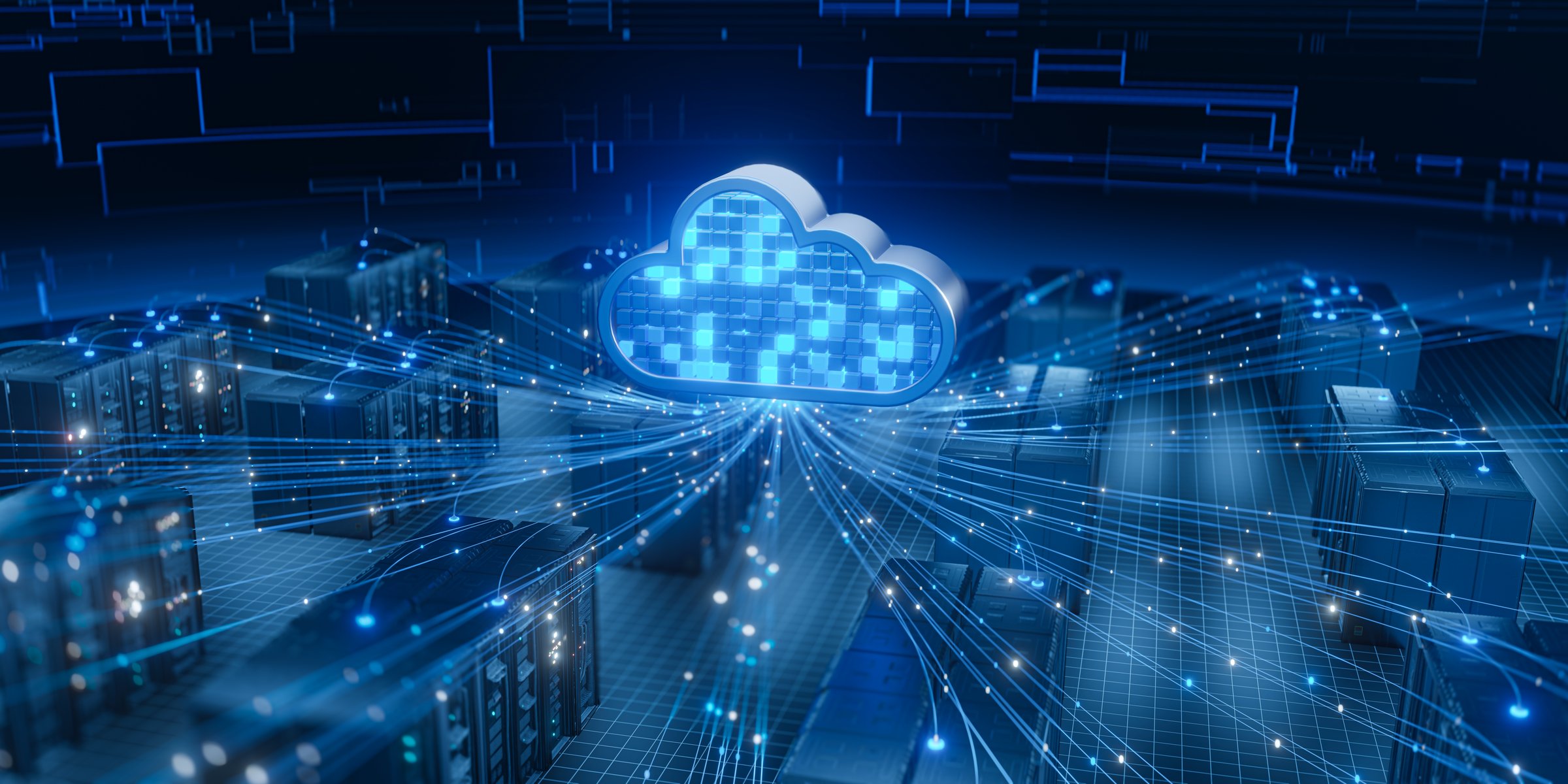 An abstract graphic shows a blue cloud symbol linked by glowing lines to server racks, representing cloud technology, data transfer, and digital network infrastructure.