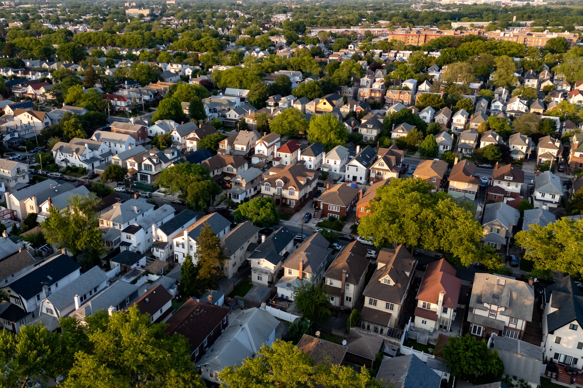 Many houses in a cityscape.