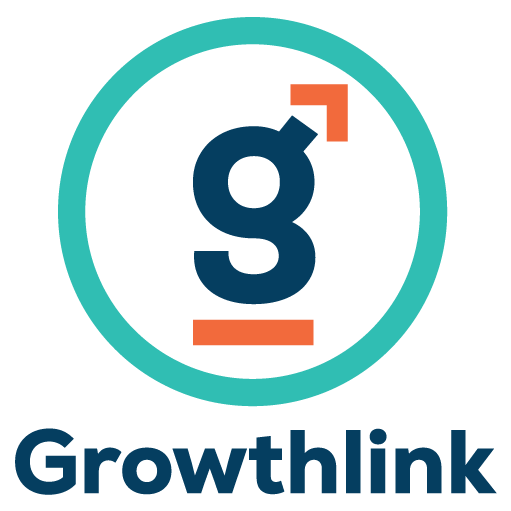 Growthlink logo with a lowercase g inside a teal circle and an orange arrow above. Company name below.
