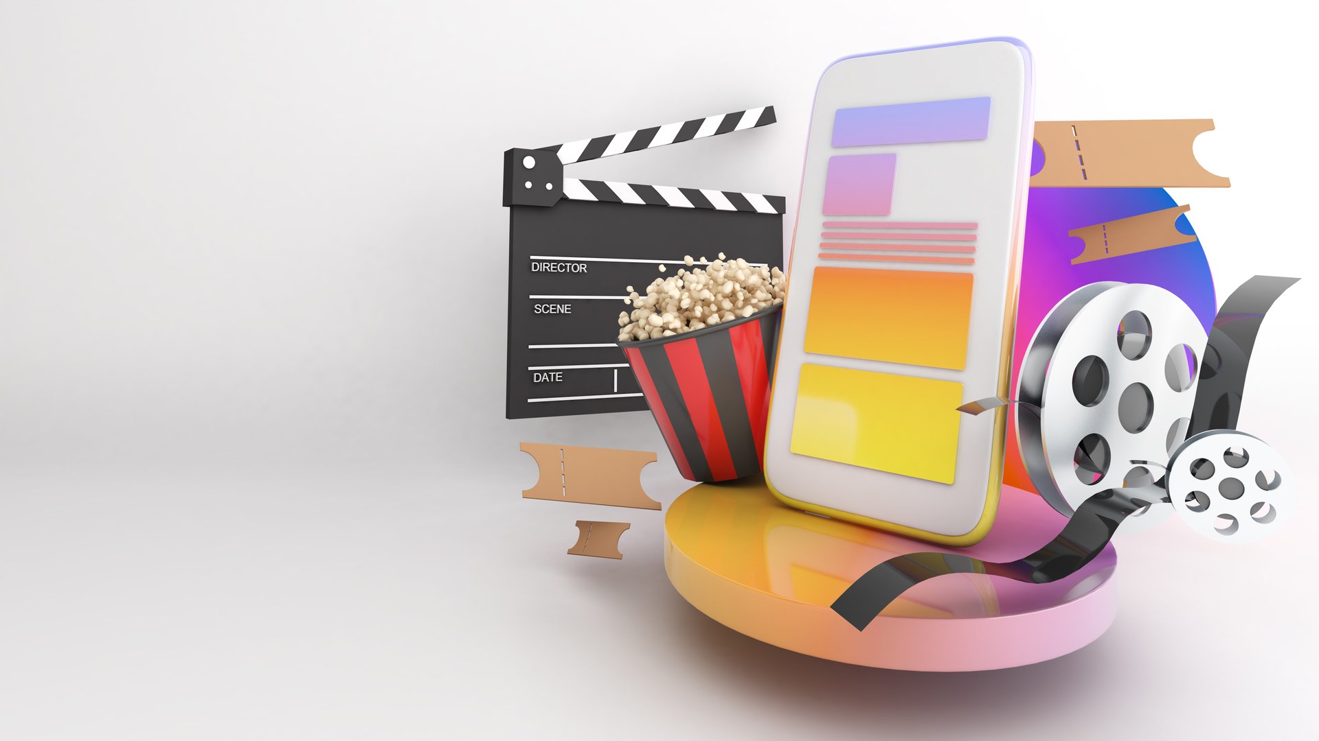 Watching entertainment media on mobile, using technology and movie apps. ,3d rendering
