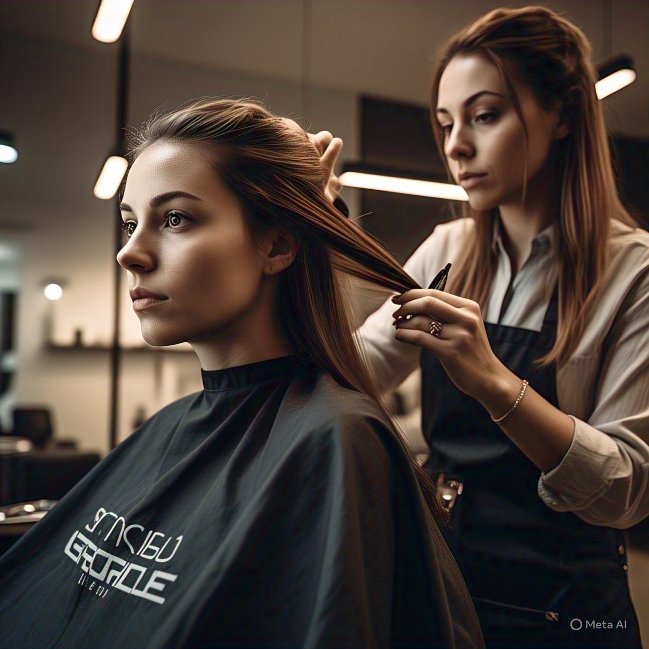 A woman gets her hair styled by a hairdresser in a modern salon. Both appear focused in the well-lit setting.