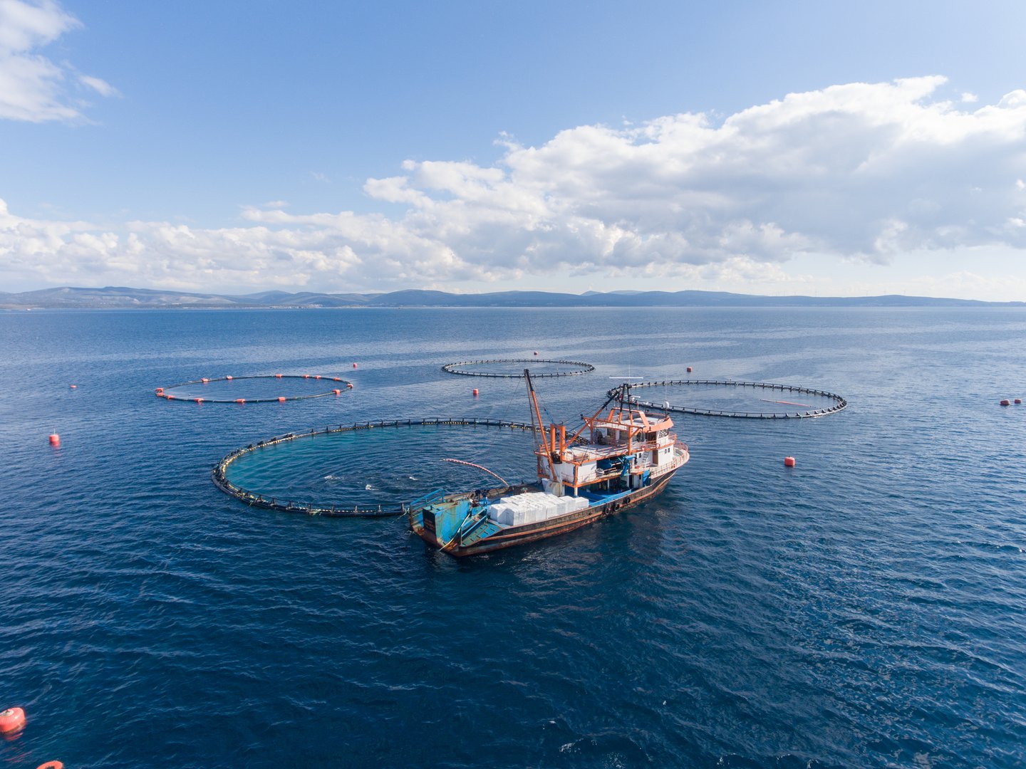 Drone photo of a open sea fish farm in the Mediterranean Sea.