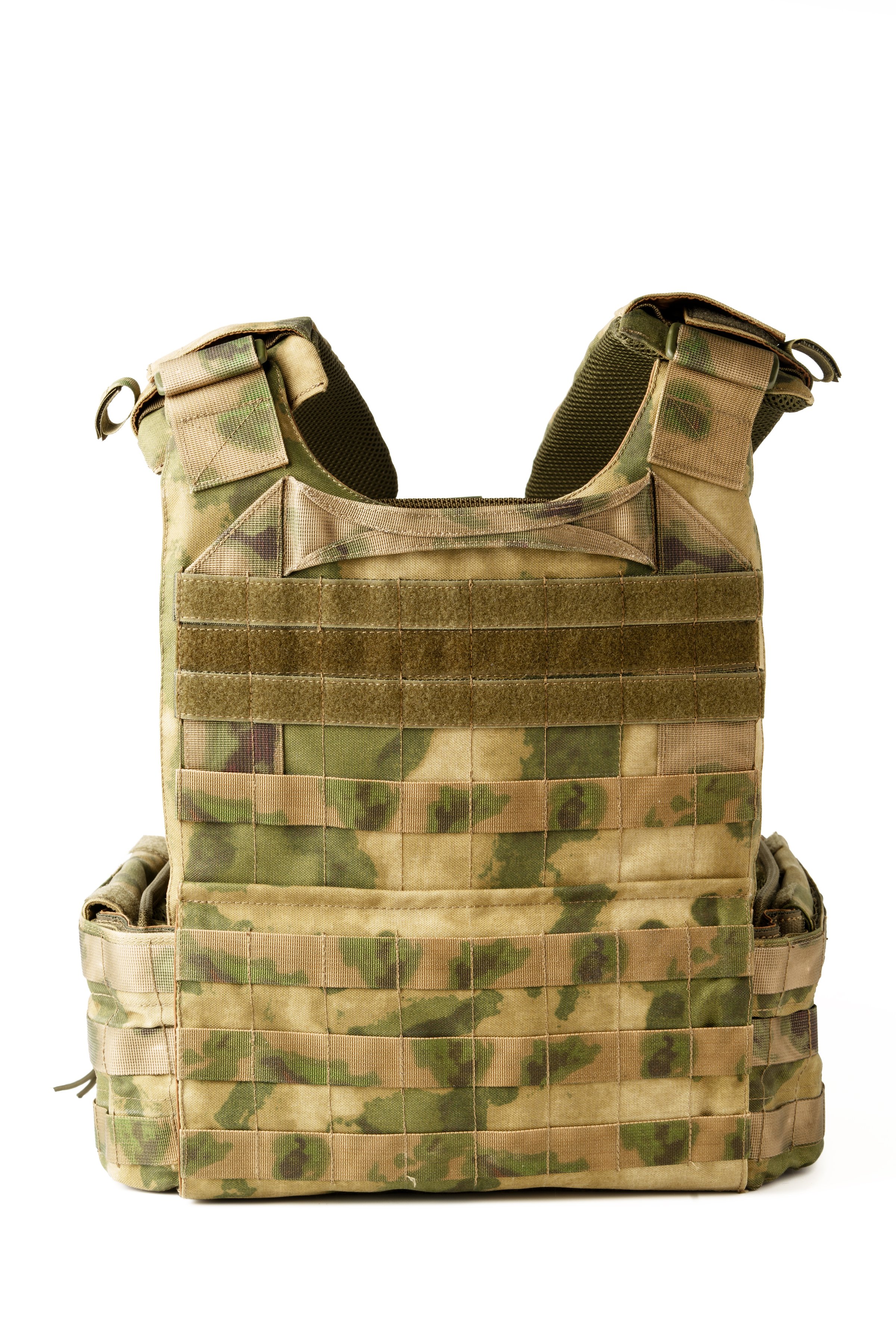 Camouflage bulletproof vest isolated on white background, armor protection