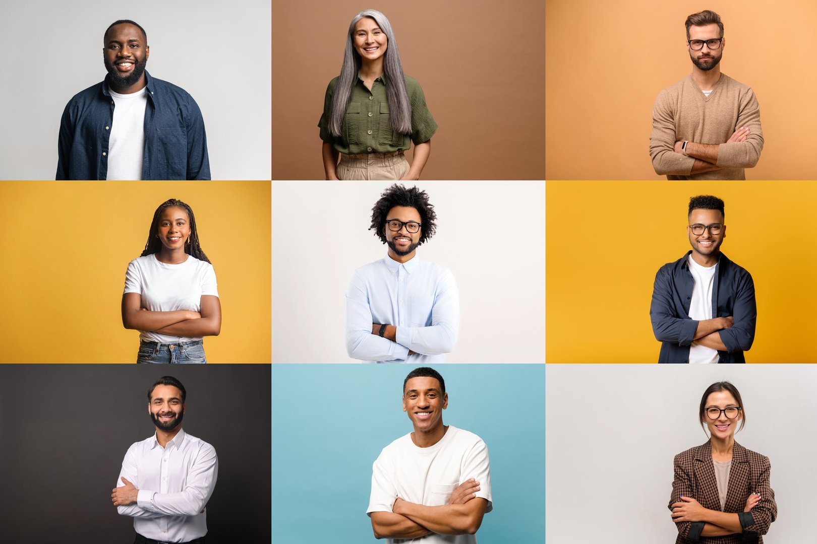 A collage of diverse individuals displaying confident poses against solid colored backgrounds. Concept of a variety of professional and casual styles, illustrating the multiplicity of modern society