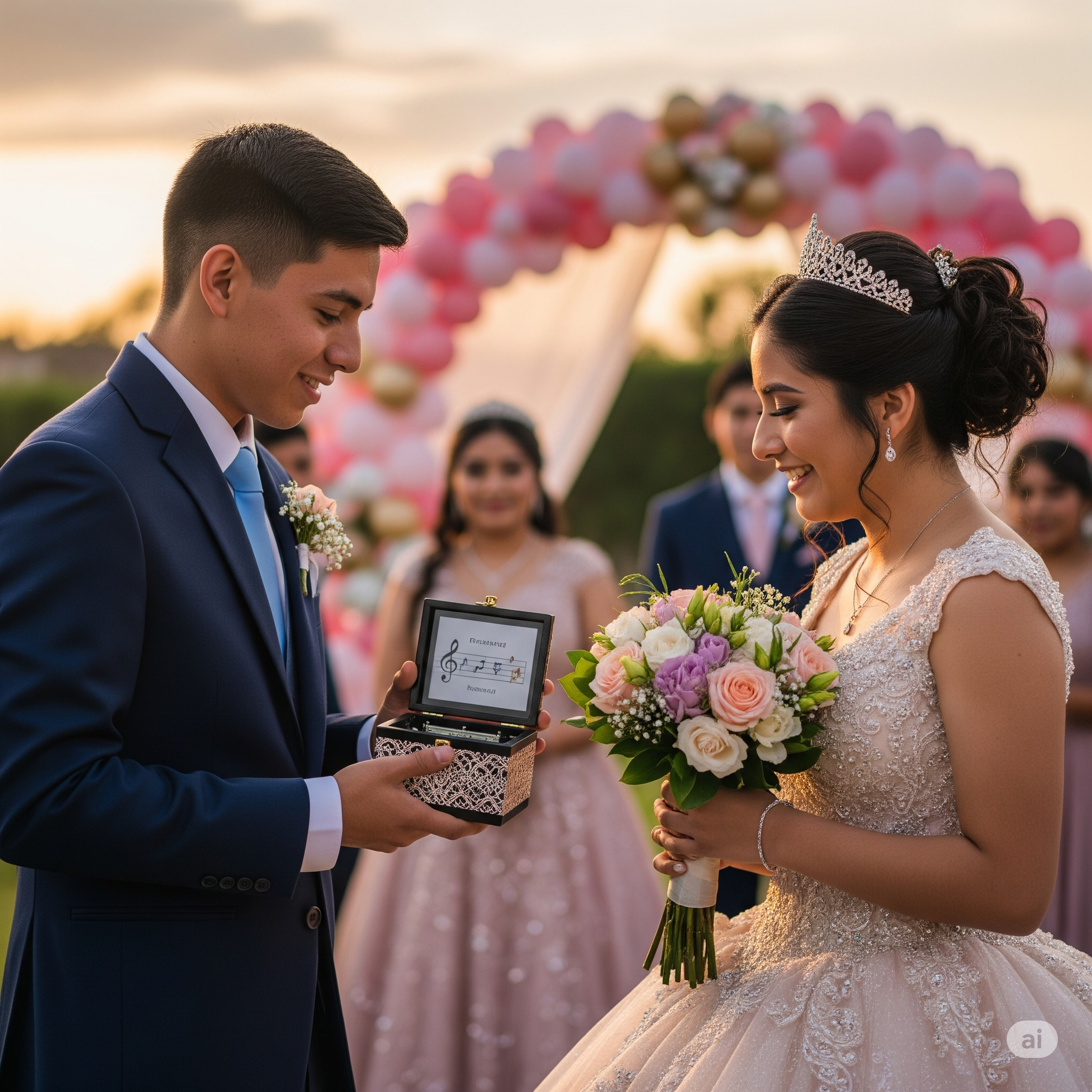 Young woman in a tiara and formal gown smiles at a young man presenting a gift box, with flowers and friends in the background.