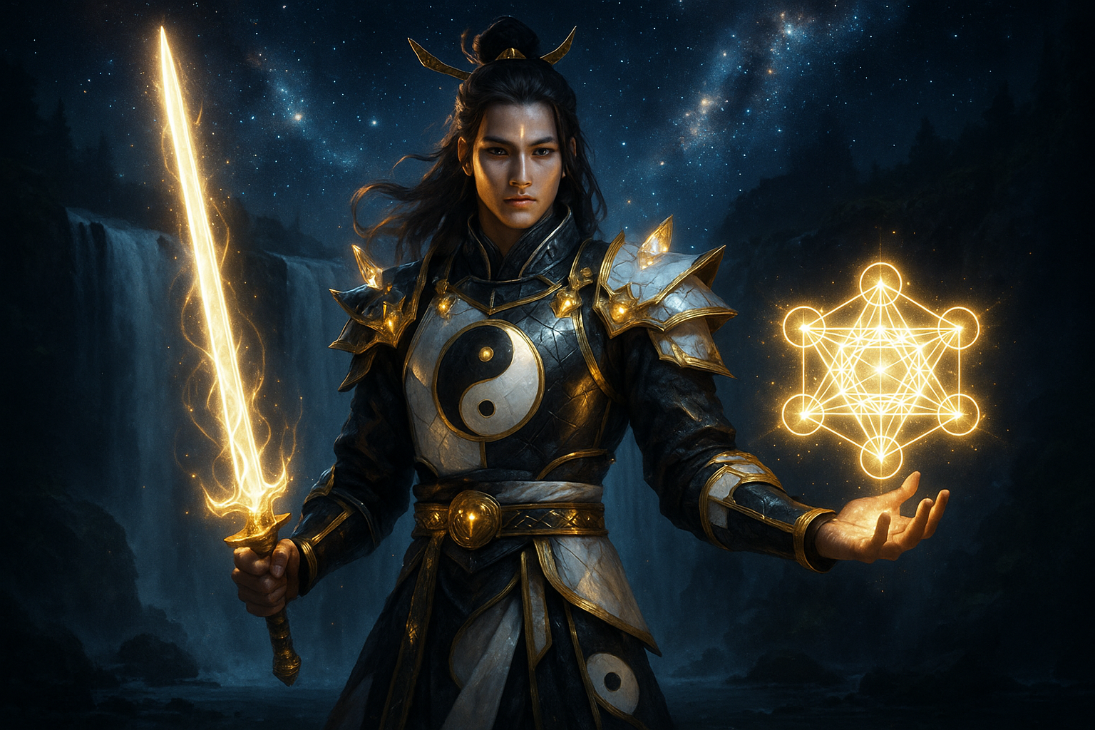 Seelenavatar Beispiel: Mystischer Samurai-Krieger in spiritueller Meditation vor magischem Wasserfall - Symbolbild für innere Stärke, spirituelle Transformation und Seelenfindung durch geführte Visualisierung