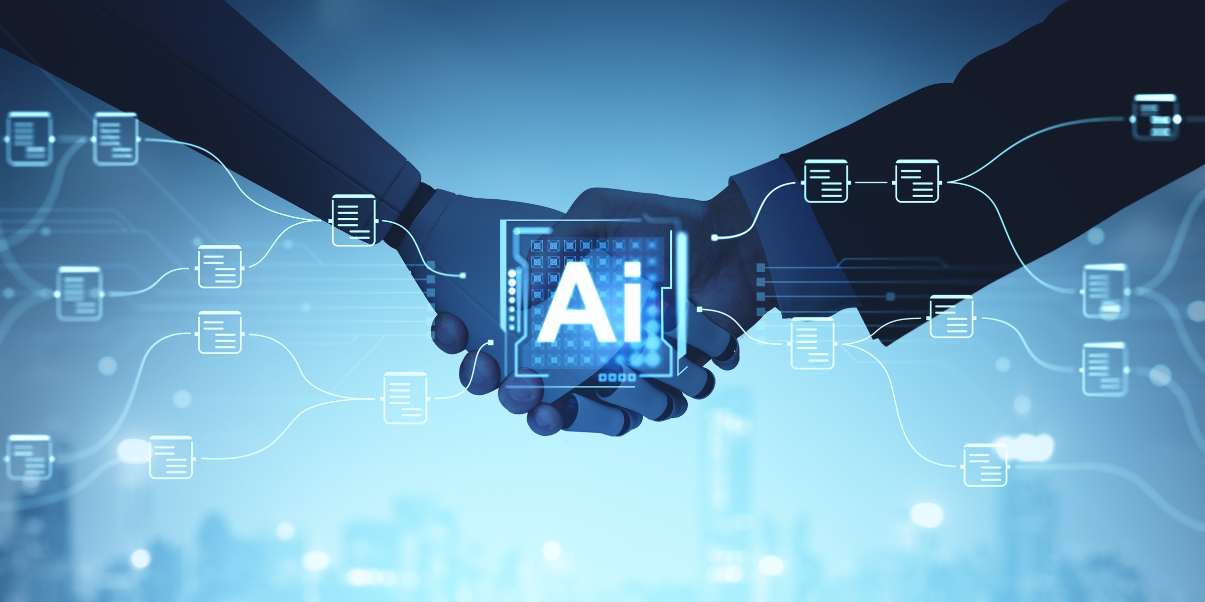 Man and robot handshake, double exposure digital glowing document management system hologram, artificial intelligence and documents. Concept of AI, online database and machine learning