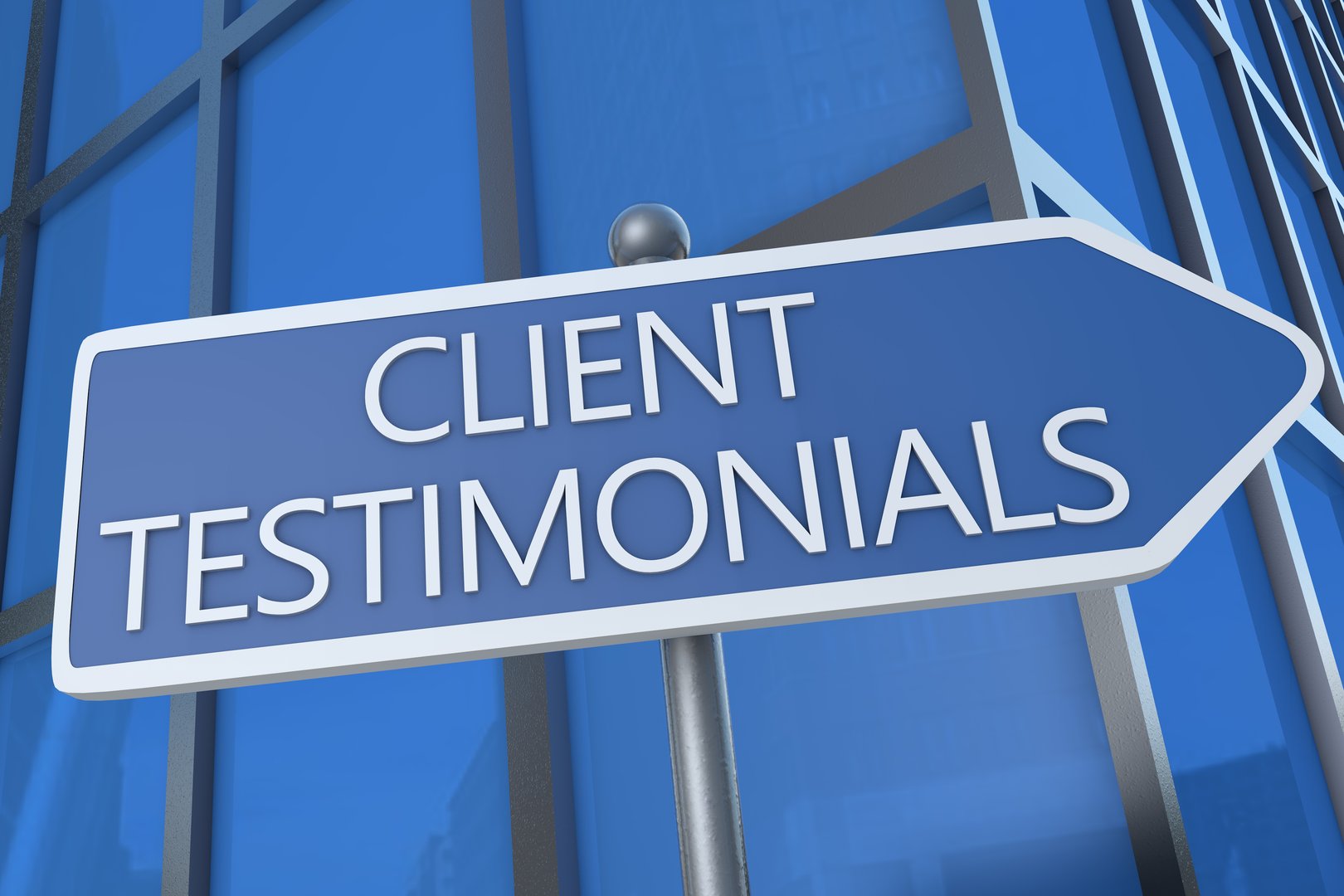 Client Testimonials - illustration with street sign in front of office building.