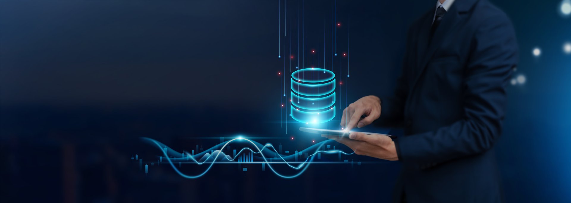 Database Management Concept: Businessman Uses Tablet on Global Networking, Data Analysis, Storage, Security, and Integration to Develop Smart Solutions from Digital Technology.