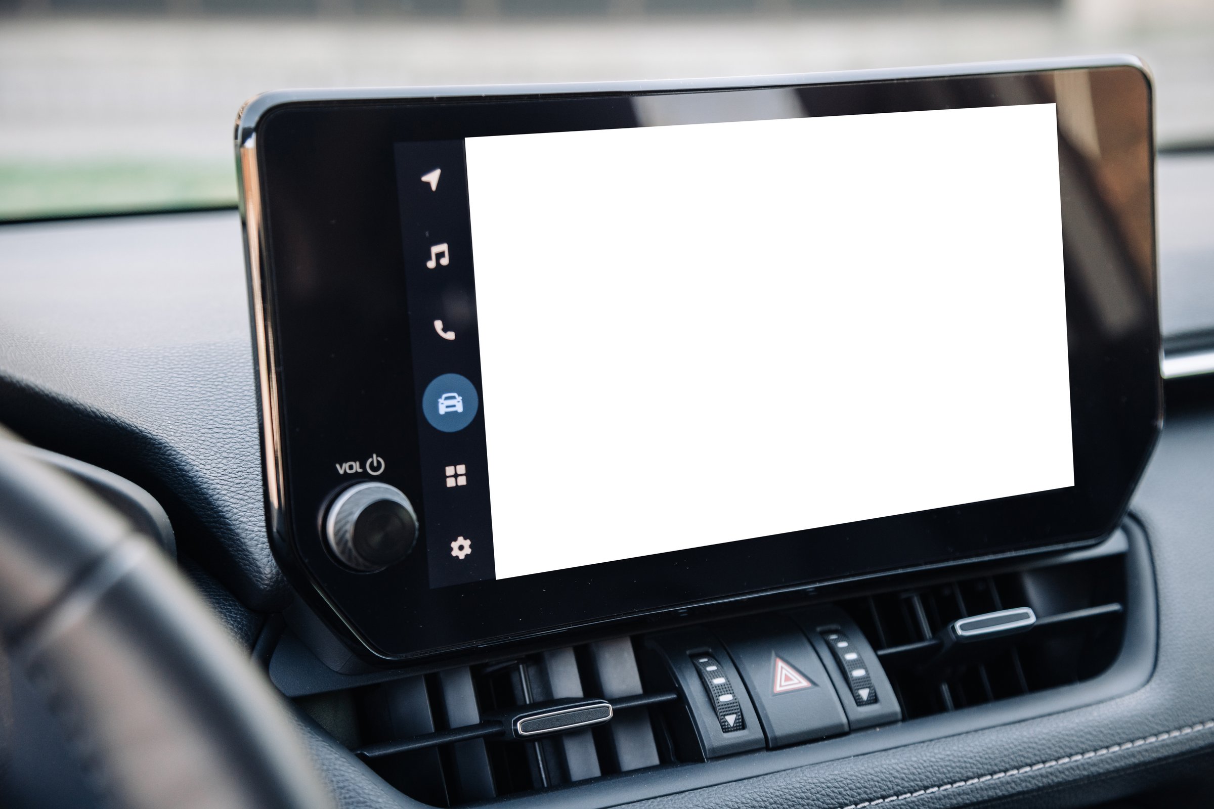 Close-up of the screen on the car dashboard. White screen. Mockup for your advertising.