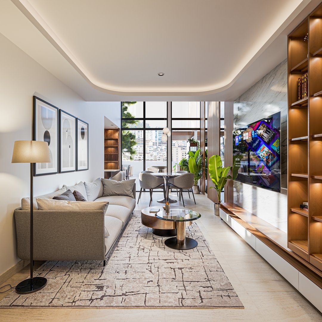 Render arquitectónico interior sala