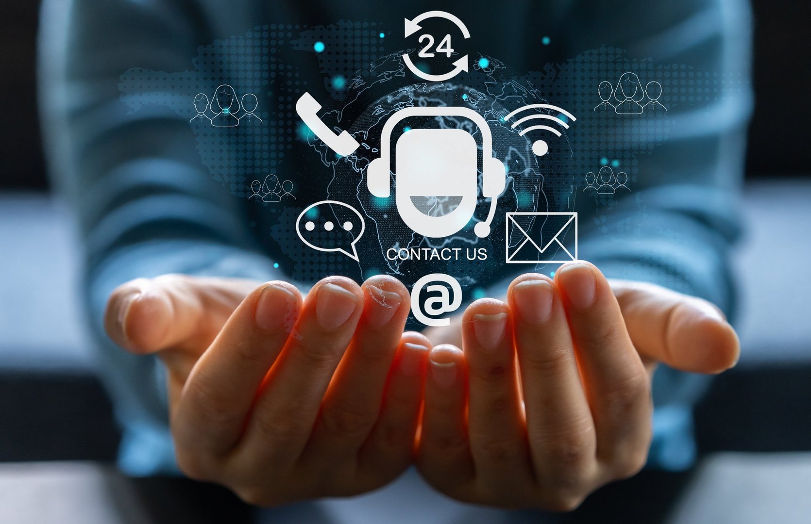 Human holding with call center on screen contact us, email, address, operator, customer, suppor, phone services agen, customer support hotline.contact us concept
