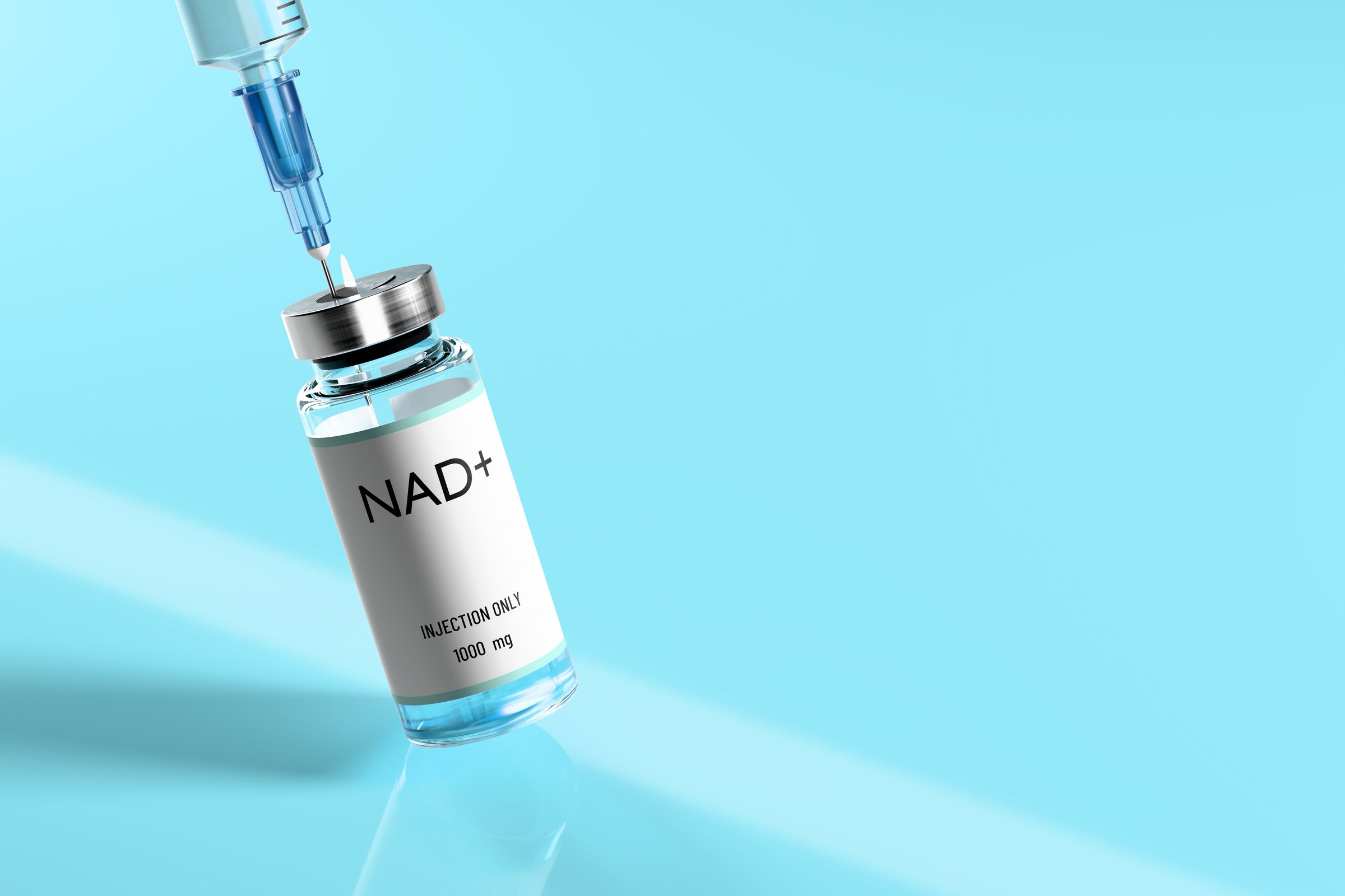 NAD+. Syringe and vial for injection on blue background. Concept of anti-aging therapy and life extension. 3d illustration, rendering. Copy space