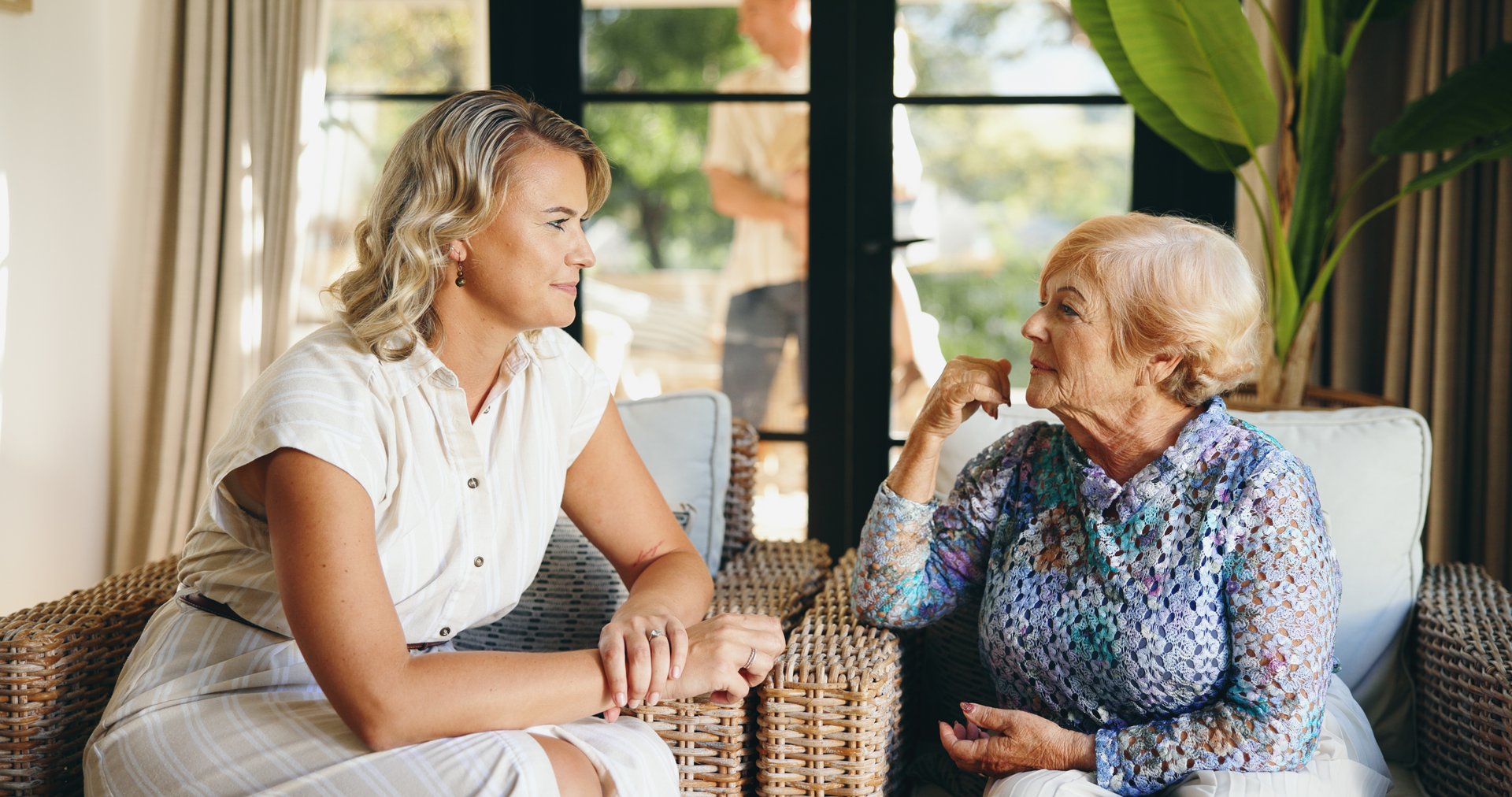 Home, senior mother and woman with conversation for bonding together, share memory and connection