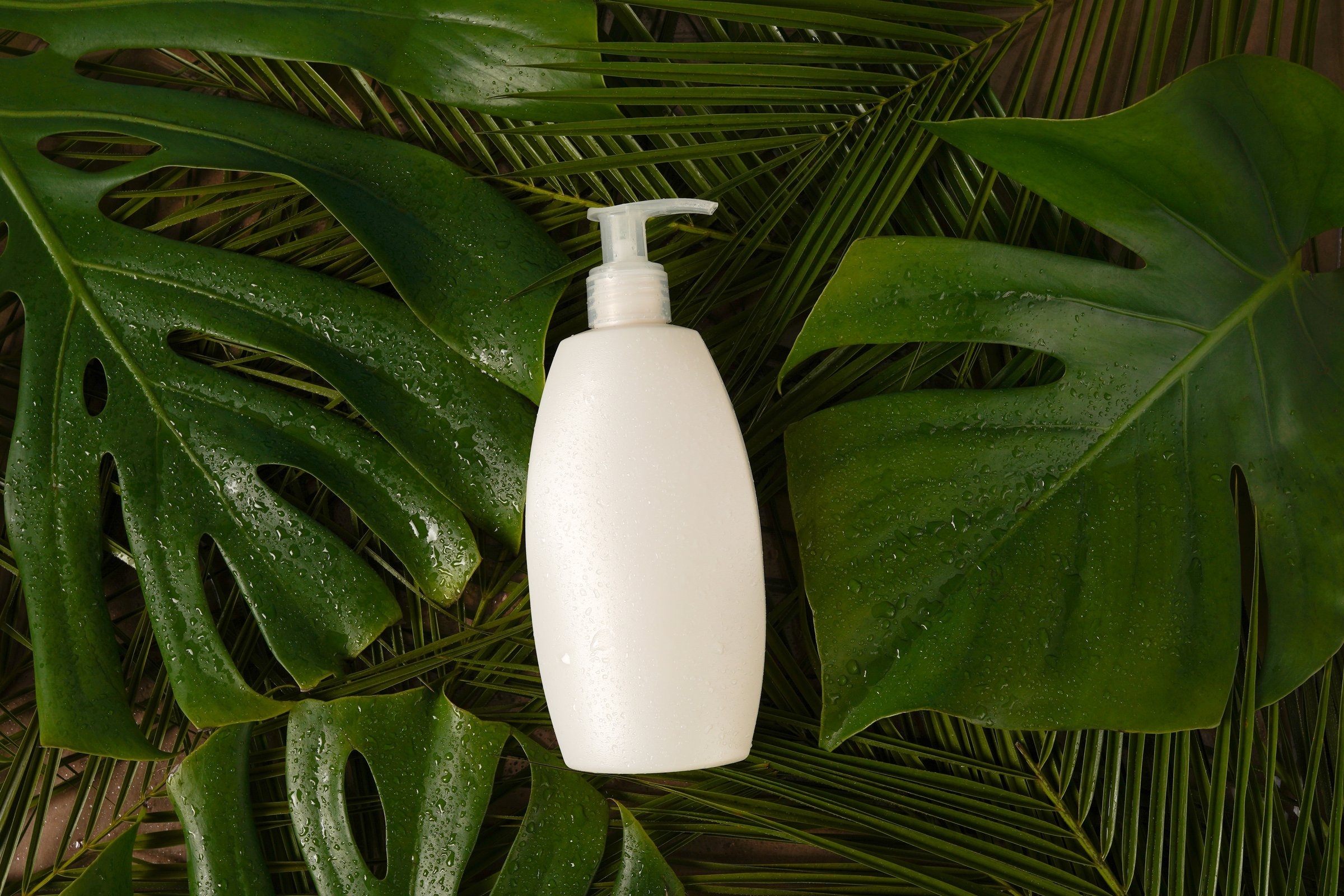 White cosmetic tube with cream, balm, scrub or shampoo on green background with palm leaves and water drops