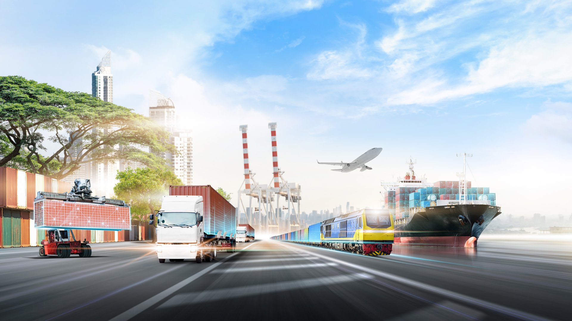 Global Multimodal Transportation and Logistics Concept. Fast Cargo Shipping Network on Modern Highway with Container Truck, Freight Train, Airplane, Large Container Ship, and Digital Technology.