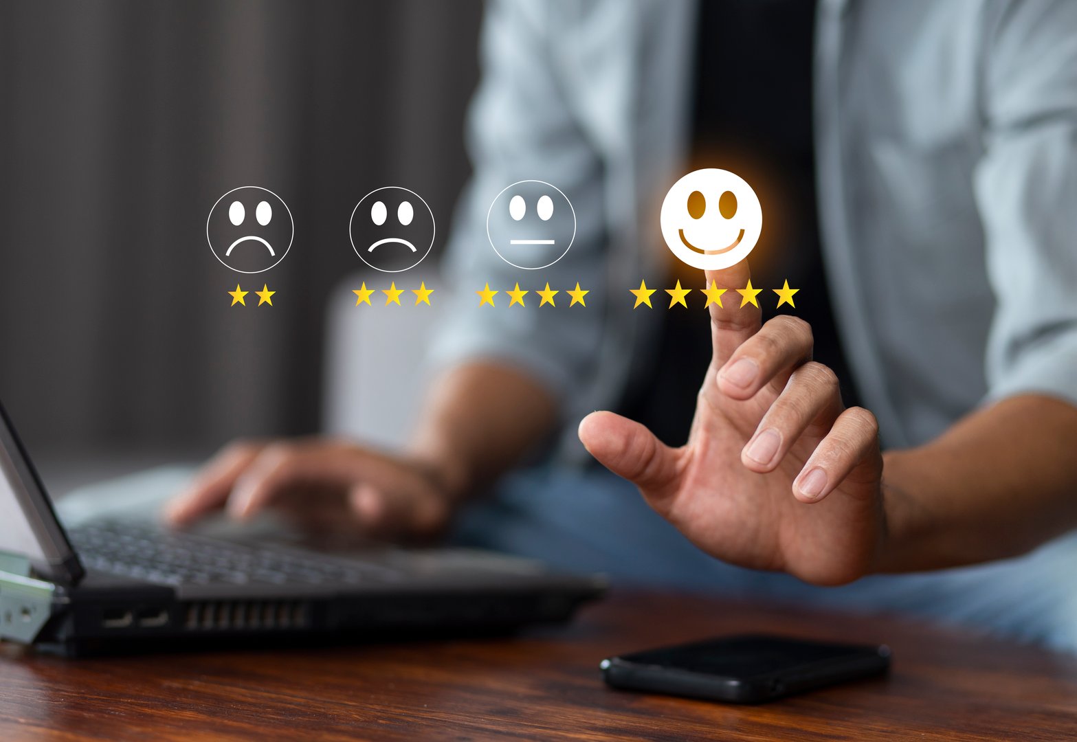 Customer touch feedback review with happy smile icon and five star, customer satisfaction level concept