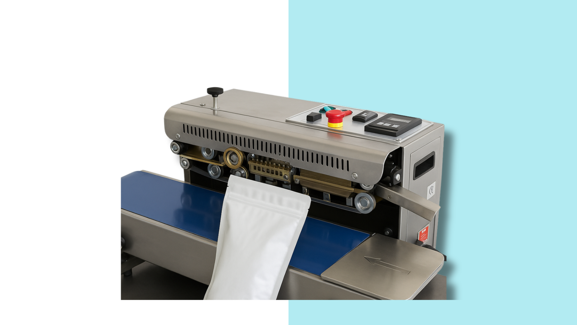 Bag sealing machine with a white pouch being sealed, featuring a control panel and conveyor belt, on a split background.