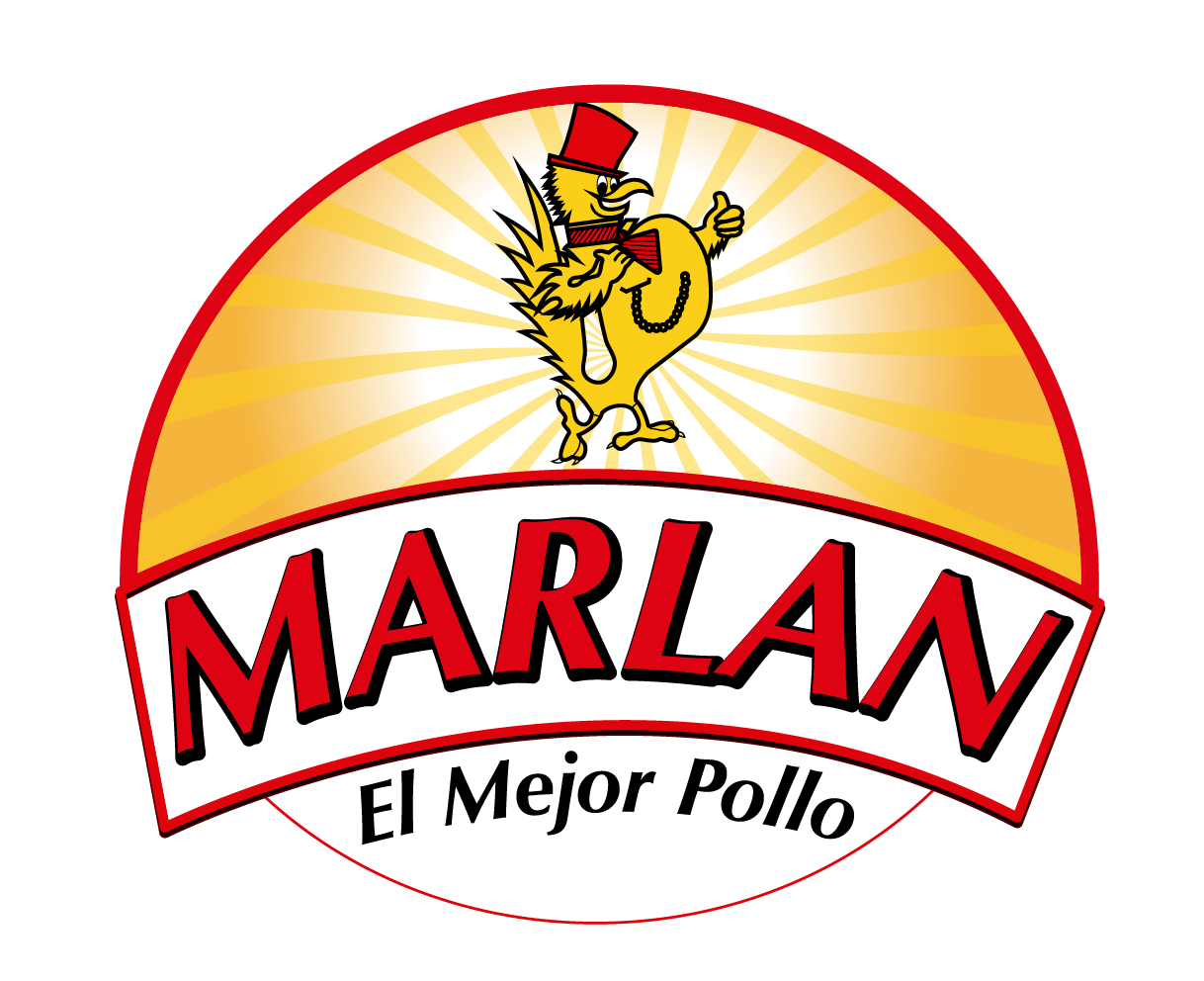 Logo showing a rooster in a top hat with the text "MARLAN El Mejor Pollo" on a sunburst background.