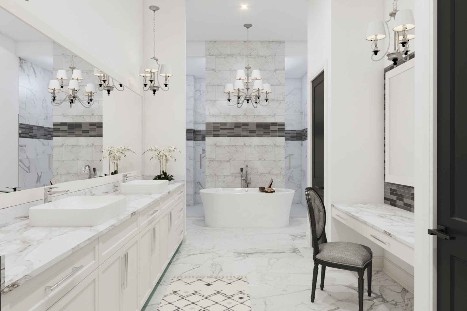 A luxurious bathroom with marble surfaces, modern freestanding bathtub, and elegant lighting fixtures. The space features a blend of classic and modern aesthetics, providing a sophisticated and inviting atmosphere.