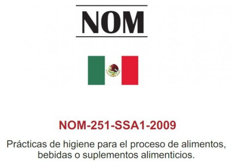 NOM-251-SSA1-2009 cover about hygiene practices for food, beverage, or dietary supplement processing, with Mexican flag.