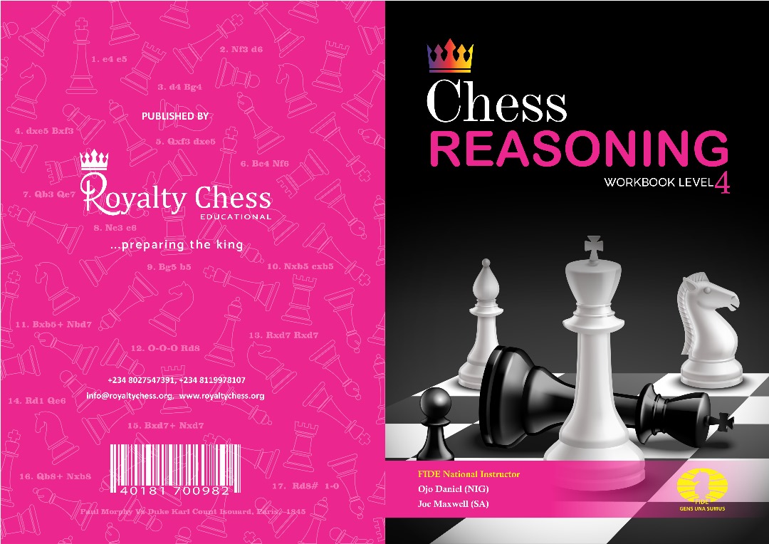 Chess Reasoning workbook level 4 cover with chess pieces on a board, pink back cover with Royalty Chess Educational logo.